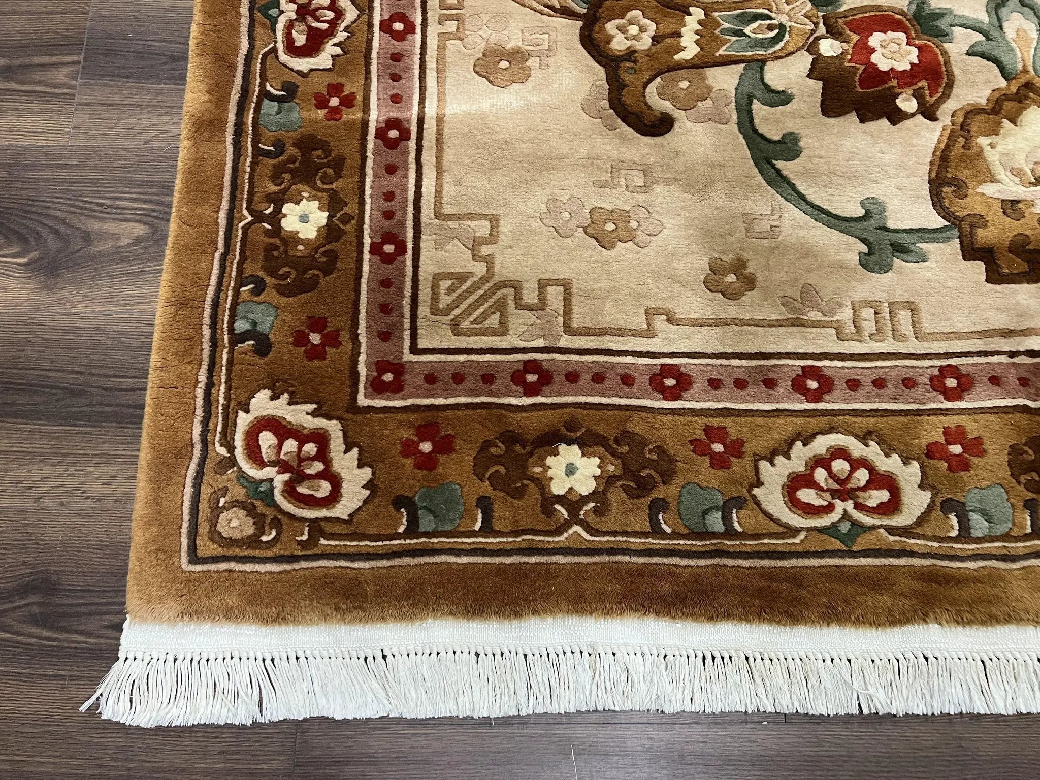 Chinese Wool Rug 5.9 x 9, Tan and Brown Asian Art Deco Carpet, Vintage 1960s Oriental Rug, Hand-Knotted Rug, Soft Wool, Medallion, Pair B by Jewel Rugs
