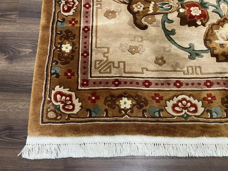 Chinese Wool Rug 5.9 x 9, Tan and Brown Asian Art Deco Carpet, Vintage 1960s Oriental Rug, Hand-Knotted Rug, Soft Wool, Medallion, Pair B by Jewel Rugs