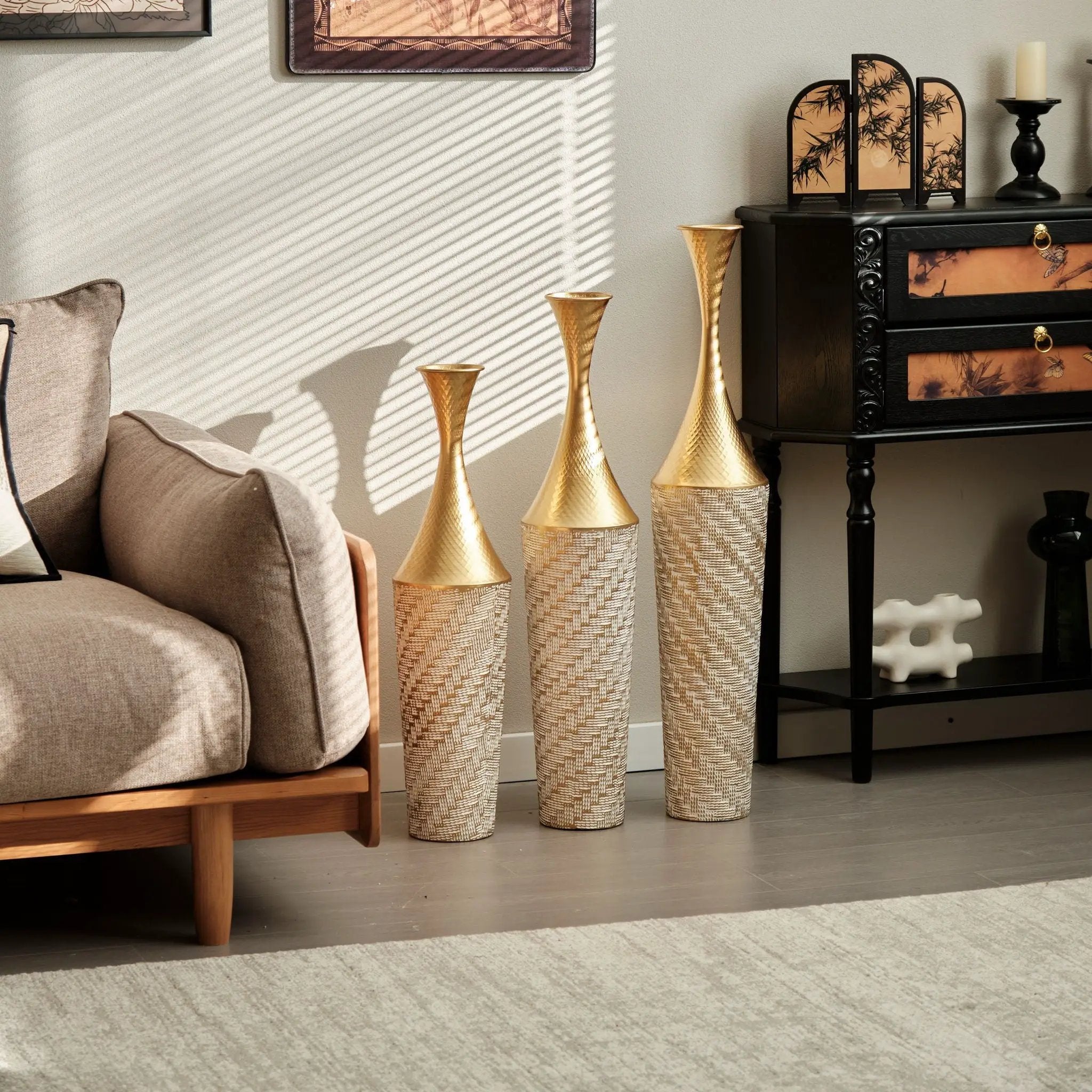 Floor Metal Vase Modern Style Decoration Home Woven Pattern Metal Vase 3 Piece Set Gorgeous Home Decoration Large Glazed Metal Vase - Champagne by HouseOfZazla