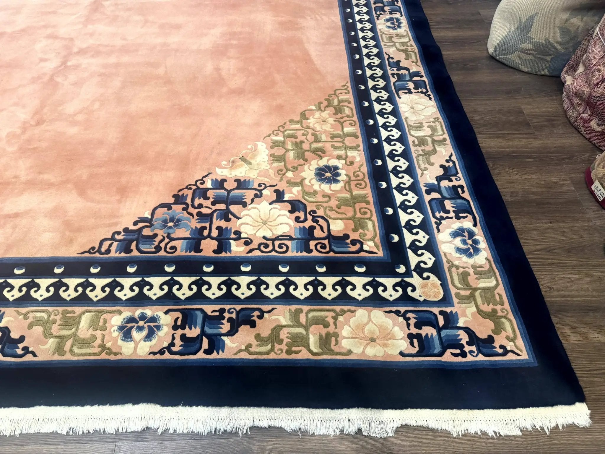 Chinese Wool Rug 11x18, Palace Sized Chinese Carpet, Peking Rug, Peach and Blue, Open Field, Simple Design, Art Deco Rug, Large Handmade Rug by Jewel Rugs