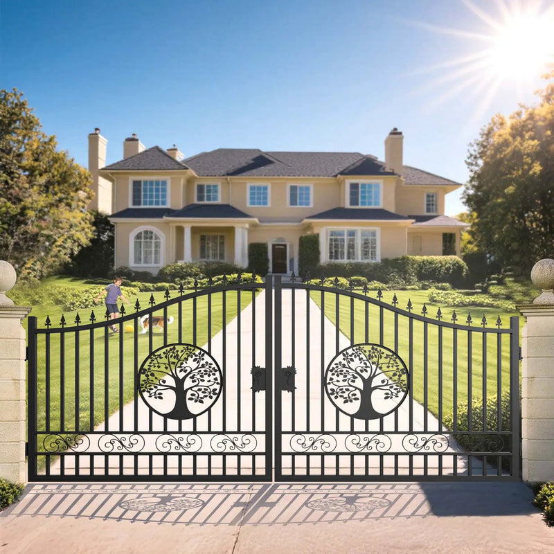 16x8 ft Steel Dual Swing Driveway Gate with Tree Pattern by Chery Industrial