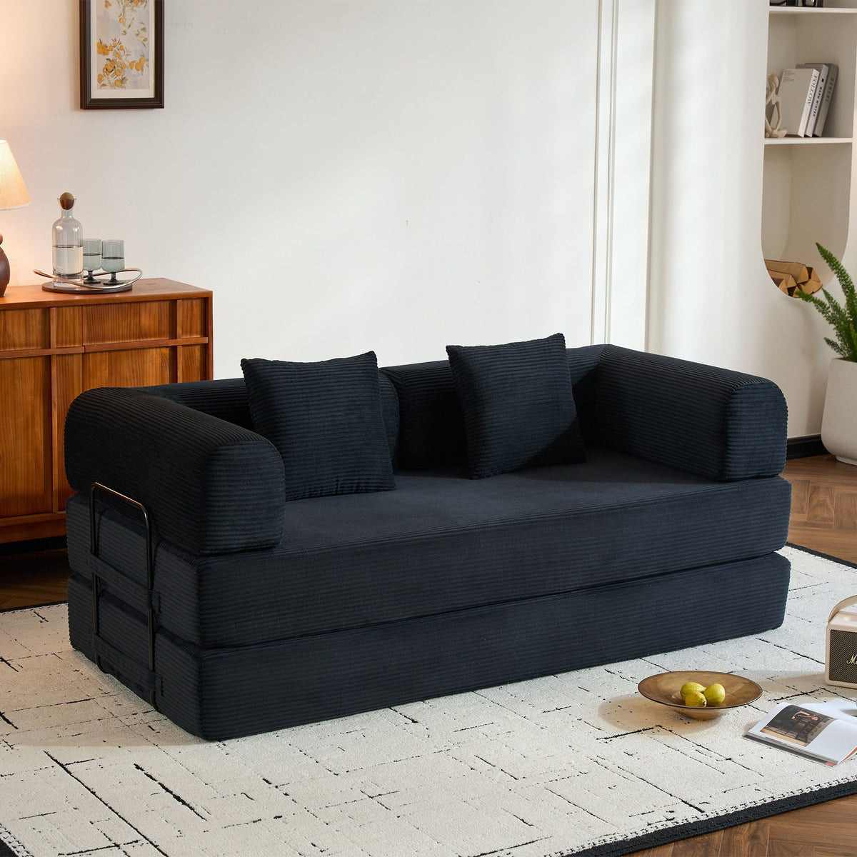 Convertible Sleeper Sofa Bed with Fixed Shape Frame and Cylindrical Pillow - Fabric, photo 5 of 12