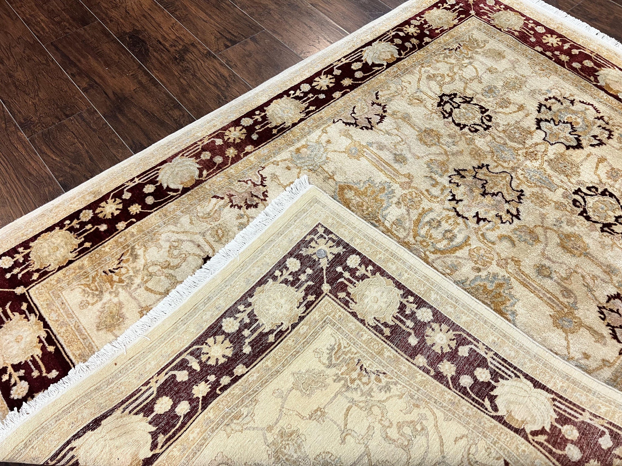 Peshawar Rug 5x7, Beige and Maroon, Vintage Handmade Wool Traditional Carpet 5 x 7 ft, Pakistani Rug, Agra Pattern, Very Fine 260 KPSI by Jewel Rugs