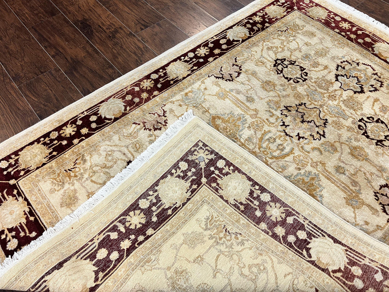 Peshawar Rug 5x7, Beige and Maroon, Vintage Handmade Wool Traditional Carpet 5 x 7 ft, Pakistani Rug, Agra Pattern, Very Fine 260 KPSI by Jewel Rugs