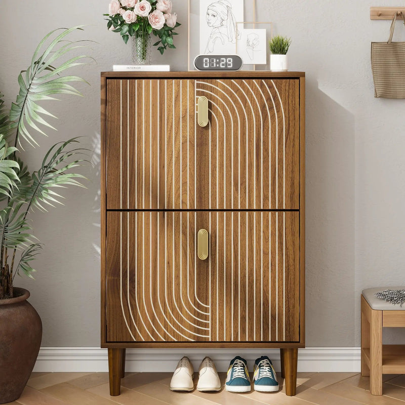 Modern Minimalist Shoe Storage Cabinet With 2 Flip Drawers And Metal Handles - Brown by Unique Piece Furniture