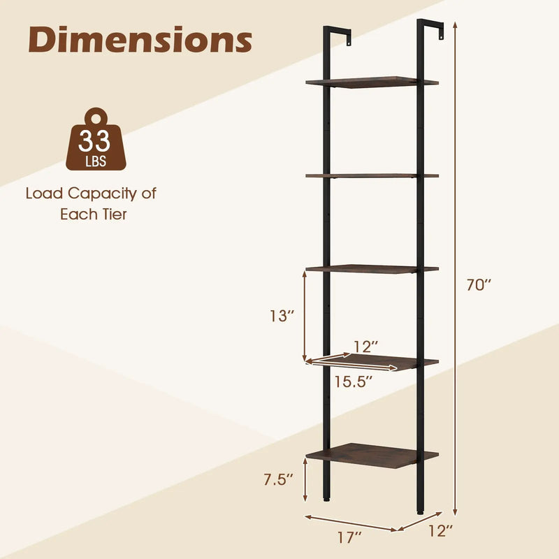 5 Tier Wall Mount Ladder Shelf with Anti-Tipping Kits for Home Office-Rustic Brown by DirectDeals