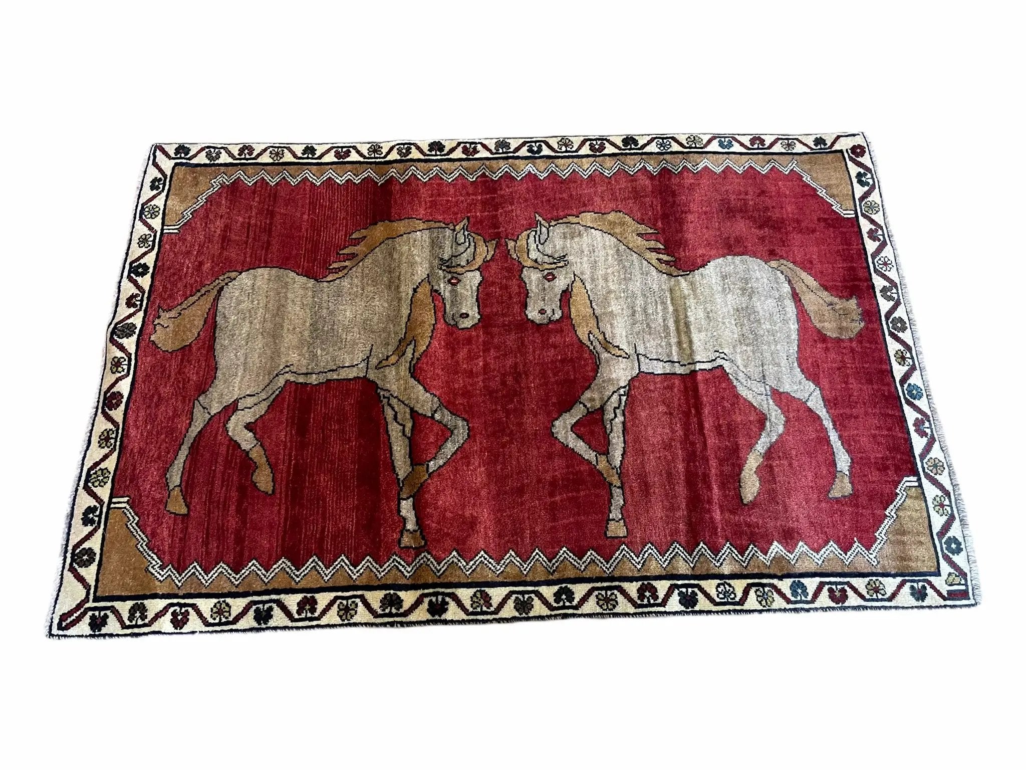4 X 6 Handmade Hand-Knotted New Vintage Rug Wool Horses Red Organic Dyes Tribal by Jewel Rugs