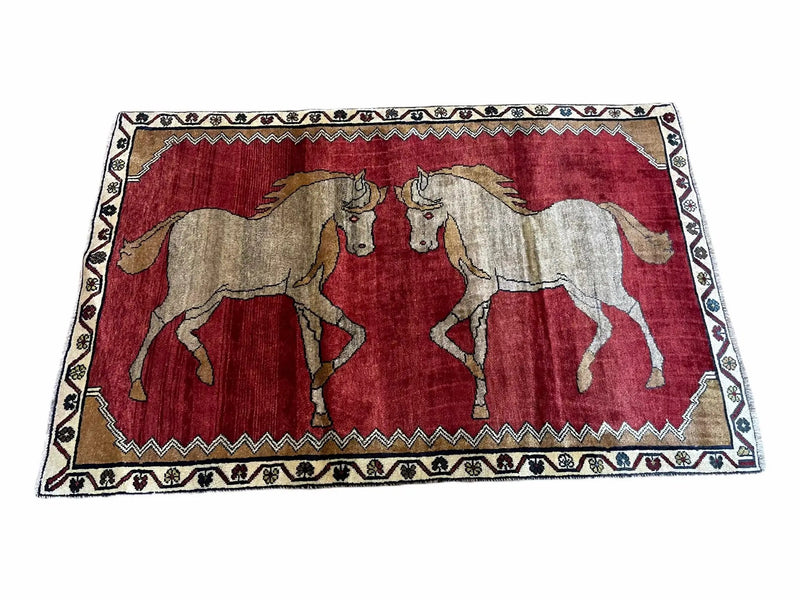 4 X 6 Handmade Hand-Knotted New Vintage Rug Wool Horses Red Organic Dyes Tribal by Jewel Rugs