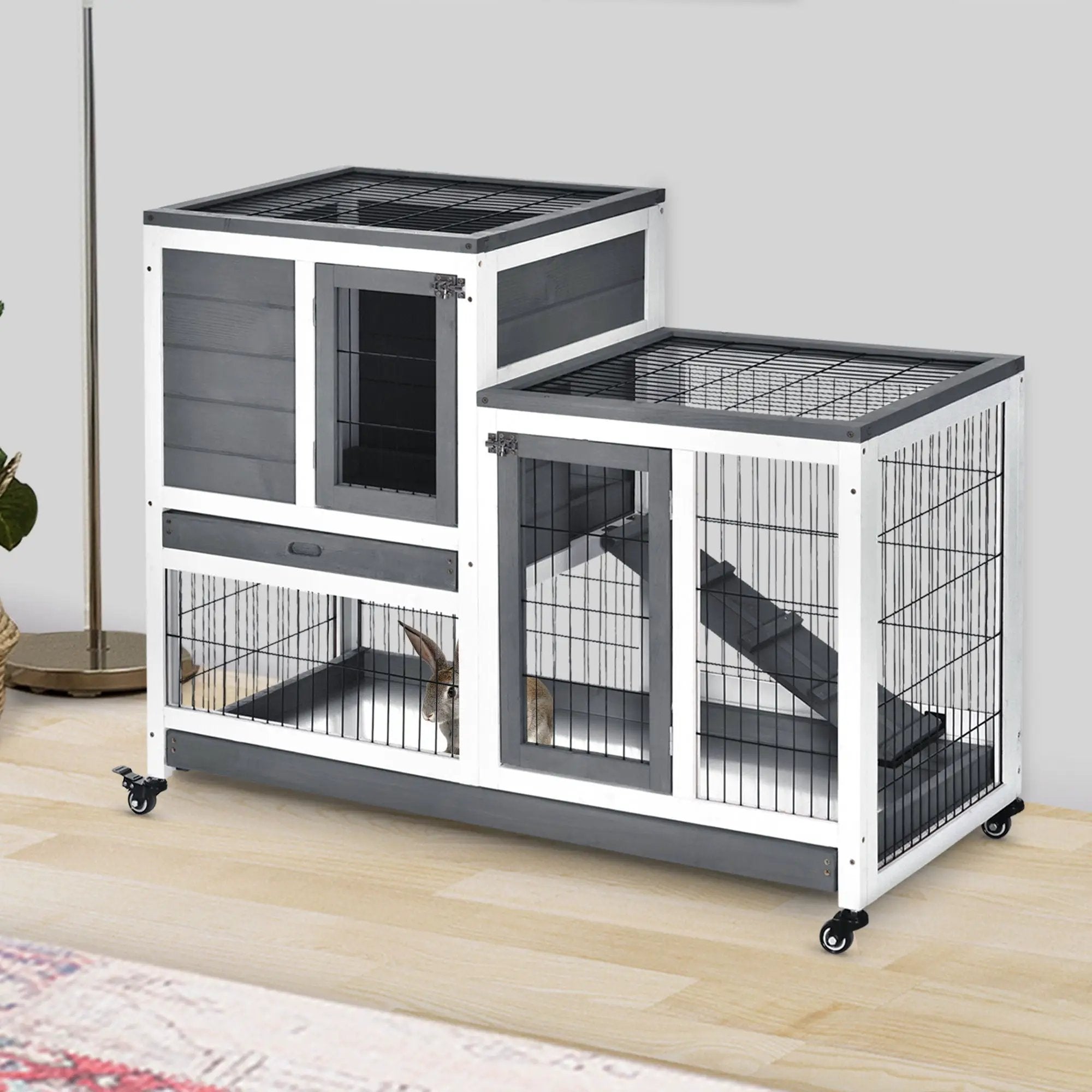 Pawhut - Wooden Rabbit Hutch Elevated Bunny Cage Indoor Small Animal Habitat With Enclosed Run With Wheels, Ramp, Removable Tray Ideal For Guinea Pigs - Gray by HouseOfZazla