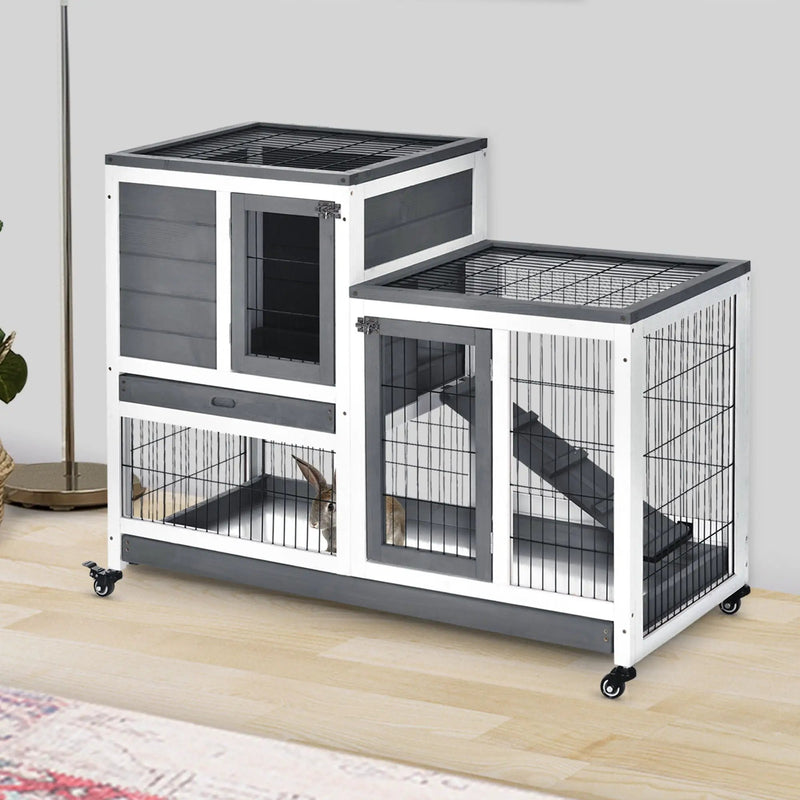 Pawhut - Wooden Rabbit Hutch Elevated Bunny Cage Indoor Small Animal Habitat With Enclosed Run With Wheels, Ramp, Removable Tray Ideal For Guinea Pigs - Gray by HouseOfZazla