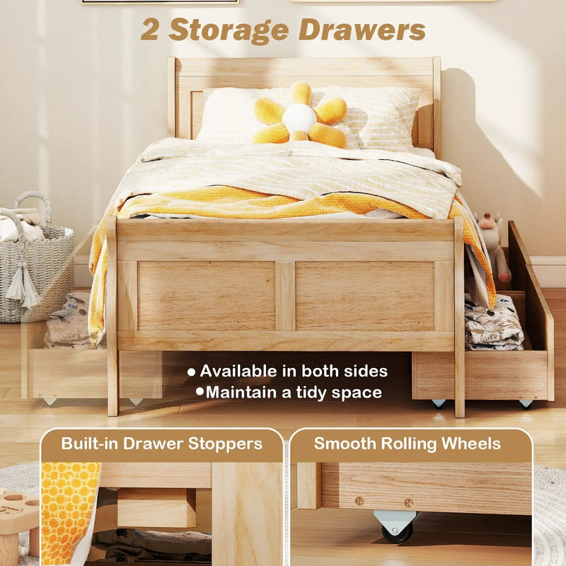 Twin Size Sleigh Bed with 2 Storage Drawers Wood Platform Bed Frame by DirectDeals