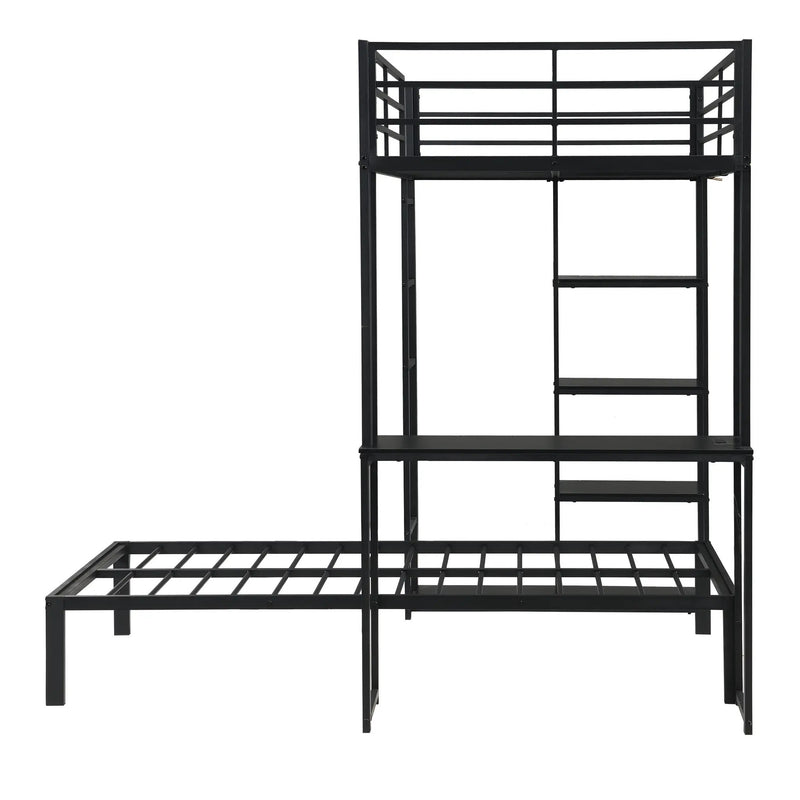 Metal Loft Bed Frame with LED Light Strip, Side Storage Shelves & Built-in Desk by HouseOfZazla