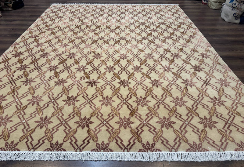 Tibetan Rug 8x10, Wool with Silk Highlights, Beige and Maroon, Contemporary Carpet by Jewel Rugs