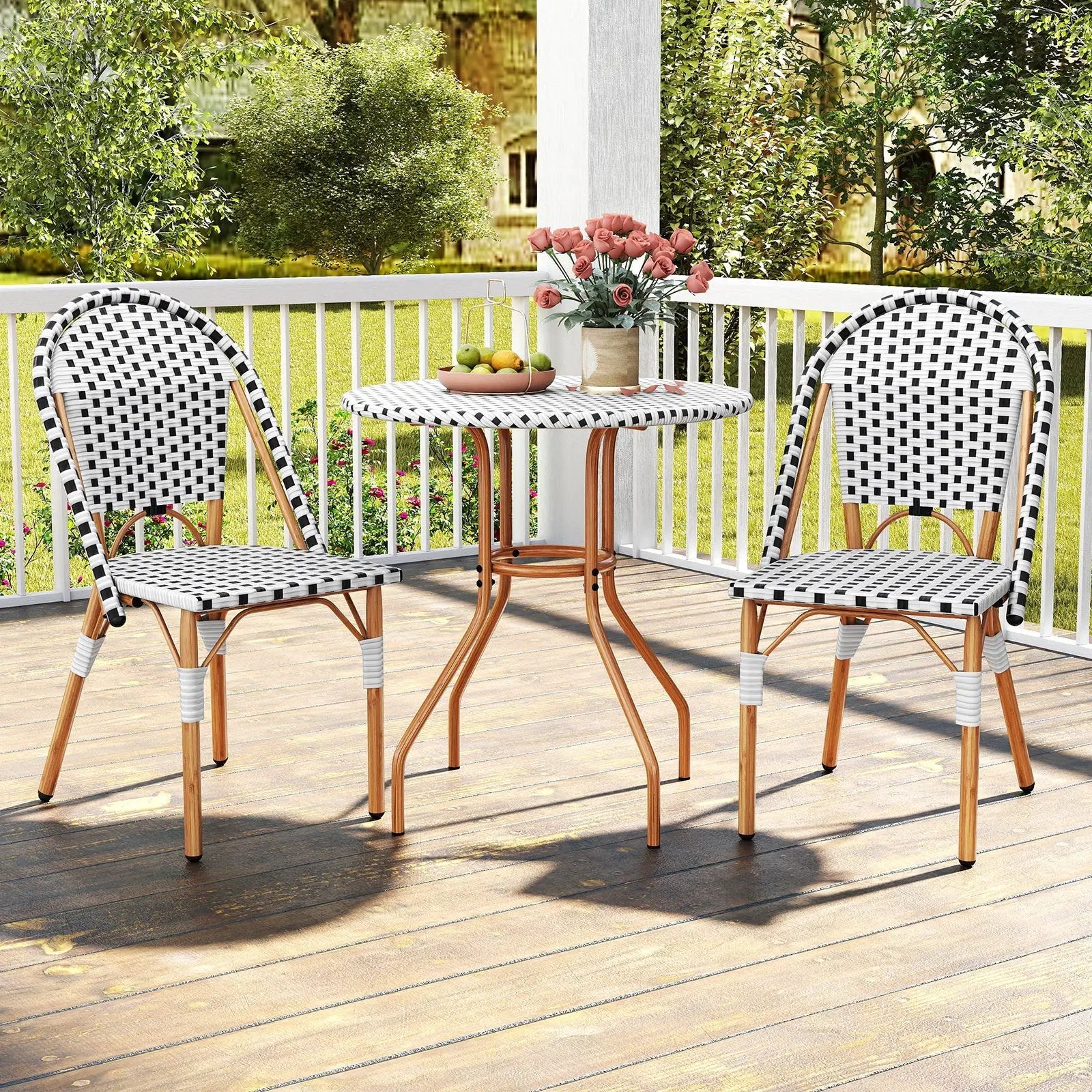 3 Piece French Bistro Table Chair Set with Outdoor Wicker Round Table and 2 Dining Chairs by DirectDeals