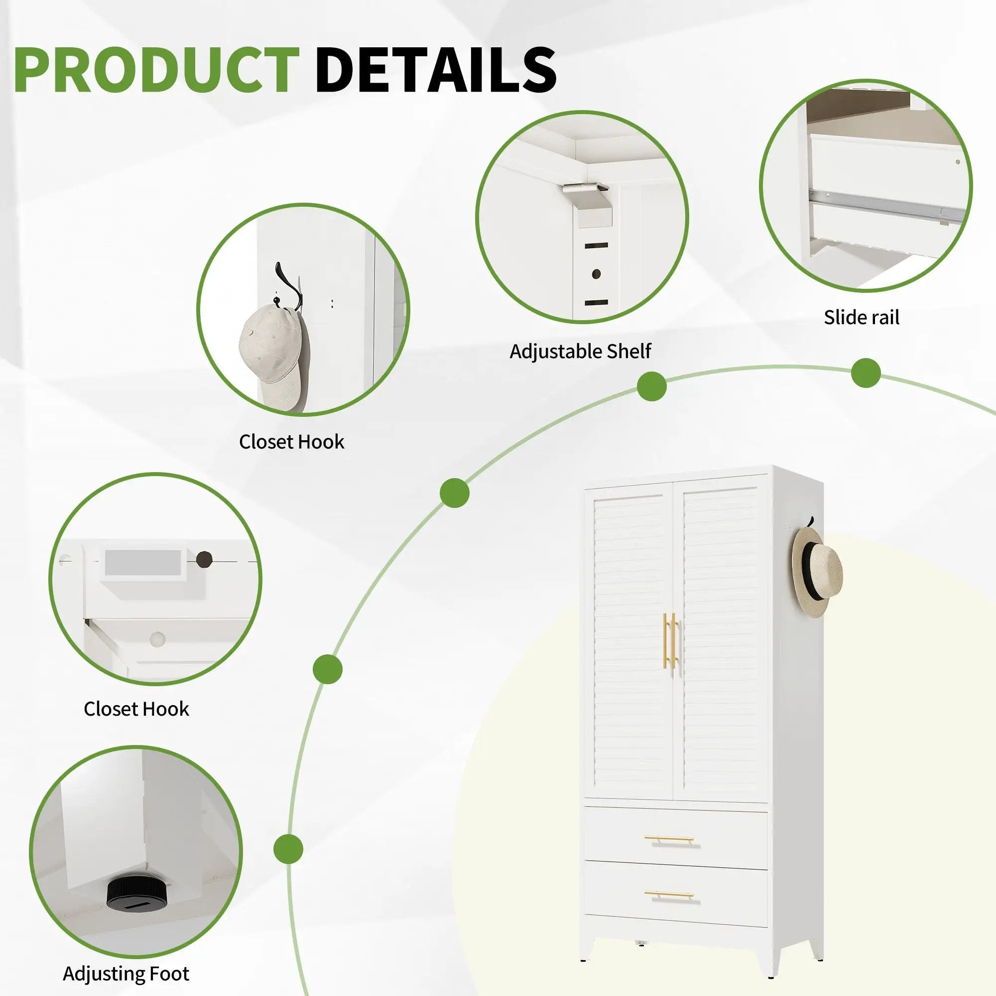 White Metal Wardrobe Closet with 2 Doors and Drawers by HouseOfZazla