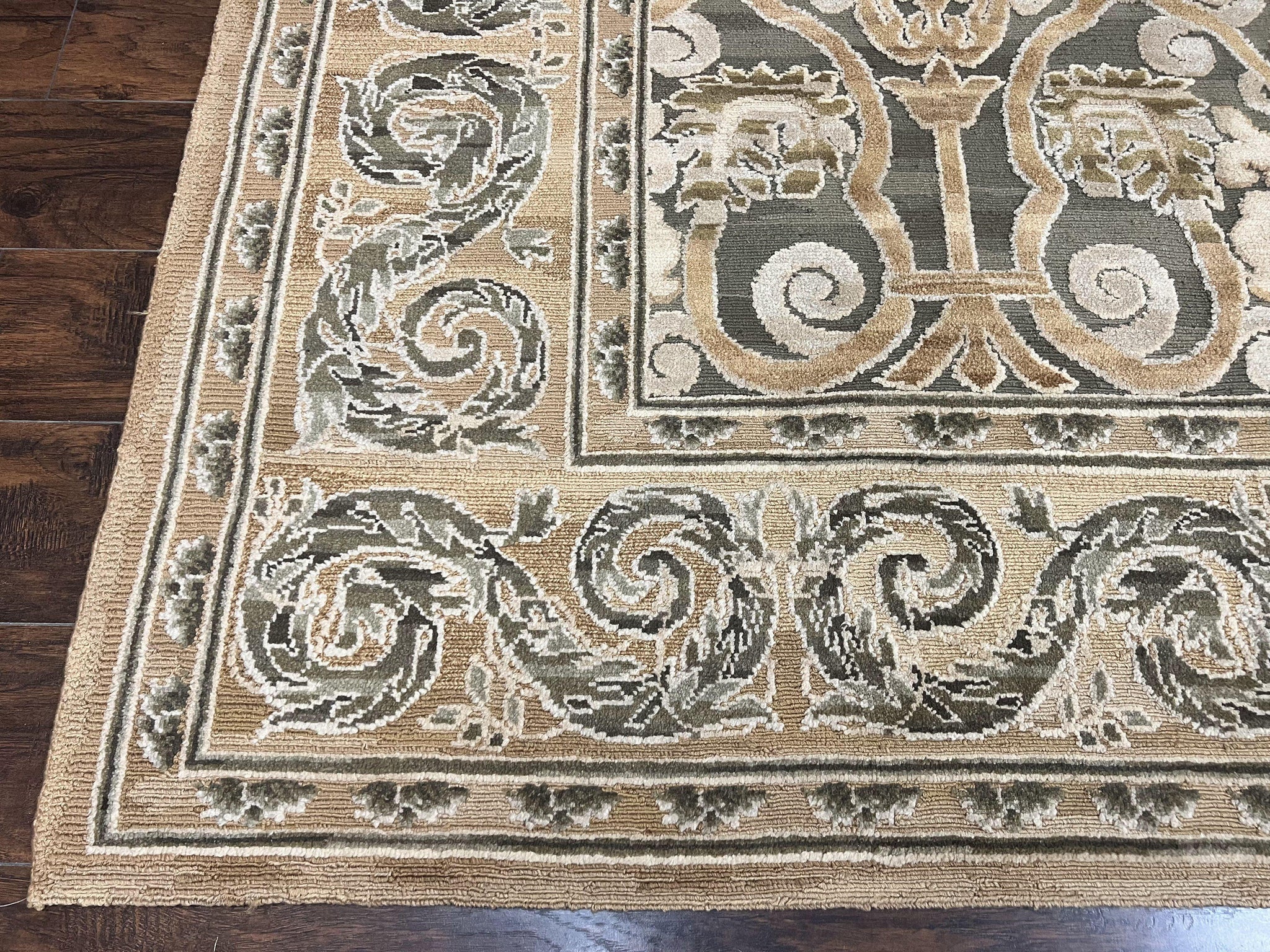 Spanish Rug 11x14, Wool Hand Knotted Vintage Carpet, Olive Green and Beige, Floral Allover, European Design, 11 x 14 Rug by Jewel Rugs