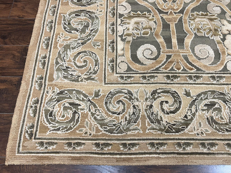 Spanish Rug 11x14, Wool Hand Knotted Vintage Carpet, Olive Green and Beige, Floral Allover, European Design, 11 x 14 Rug by Jewel Rugs