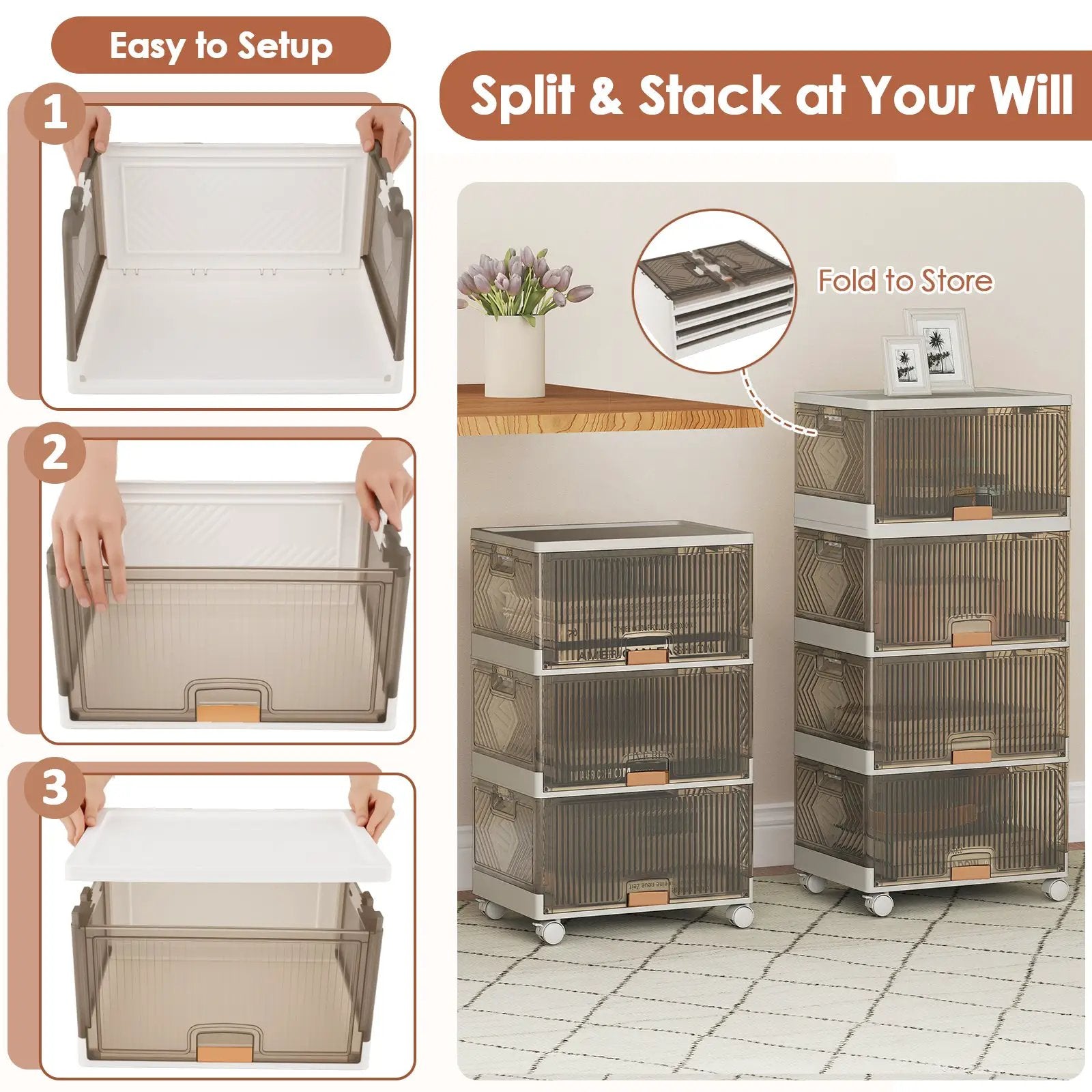 3/4/5/6-Cube Stackable Storage Bins with Detachable Wheels by DirectDeals