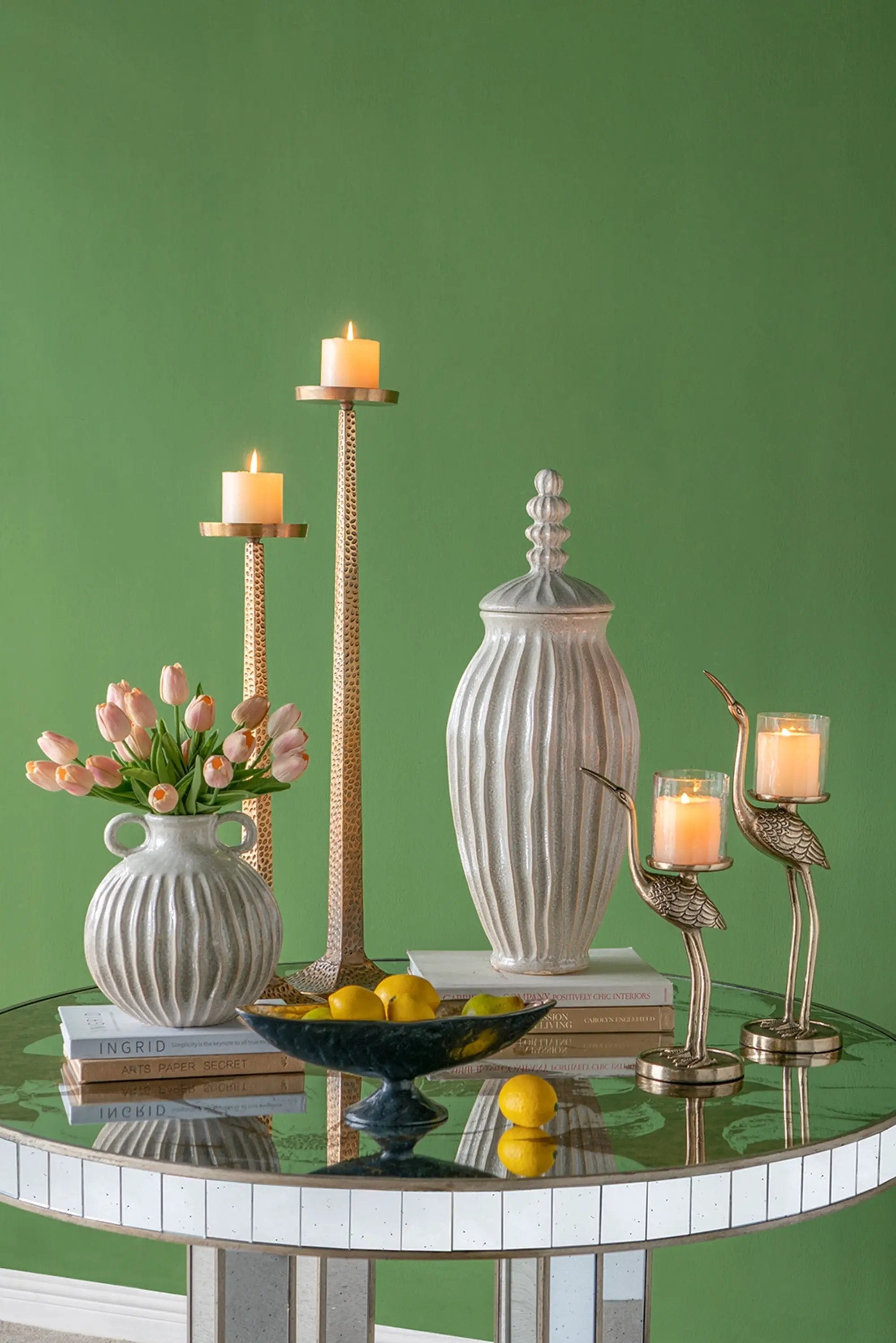 9x9x10' Decorative Round Ceramic Flower Vase with Small Handles and Textured Motif, Gold by HouseOfZazla