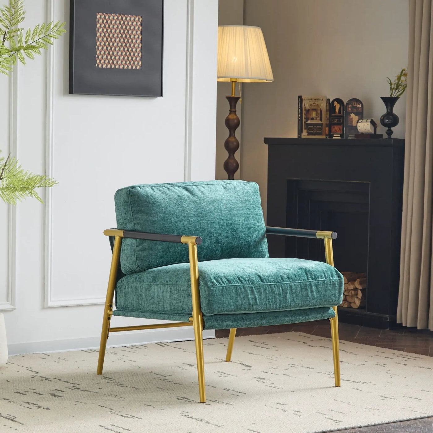 Modern Accent Chair With Plush Cushions and Wooden Armrests by HouseOfZazla