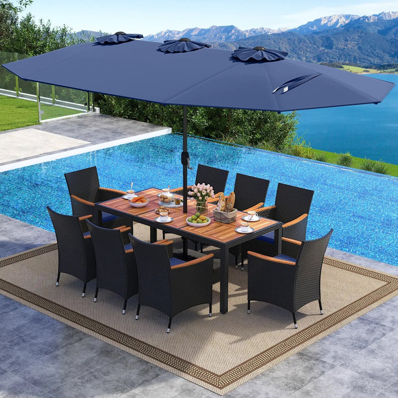 10 Piece Outdoor Patio Dining Set with 15 Feet Double-Sided Twin Umbrella by DirectDeals