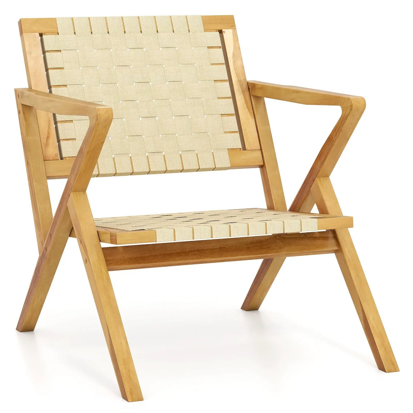 Outdoor and Indoor Teak Wood Patio Chair wuth Webbing Seat and Backrest-Natural by DirectDeals