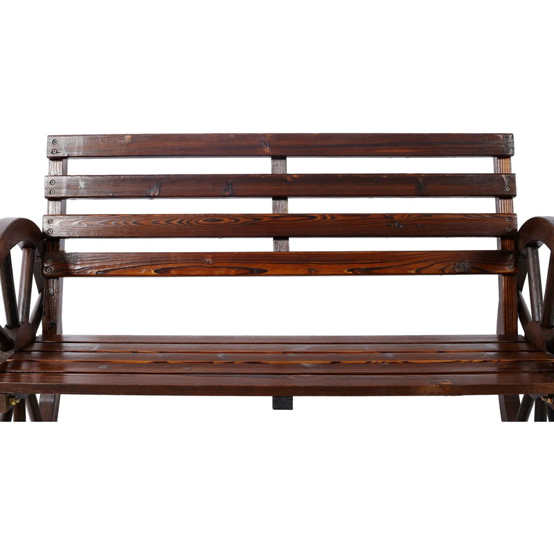 Rustic Country 2 Person Wooden Wagon Wheel Bench With Slatted Seat And Backrest - Brown by HouseOfZazla