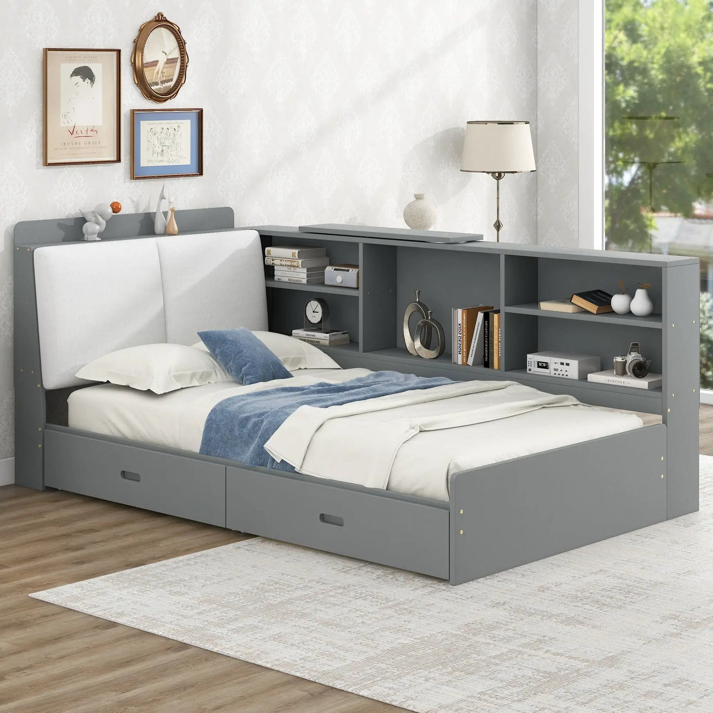Platform Bed With Storage Headboard, Shelves And 2 Drawers by HouseOfZazla