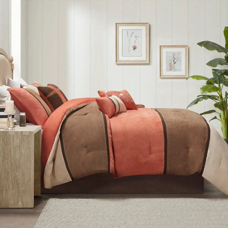 7 Piece Faux Suede Comforter Set Coral Queen by HouseOfZazla