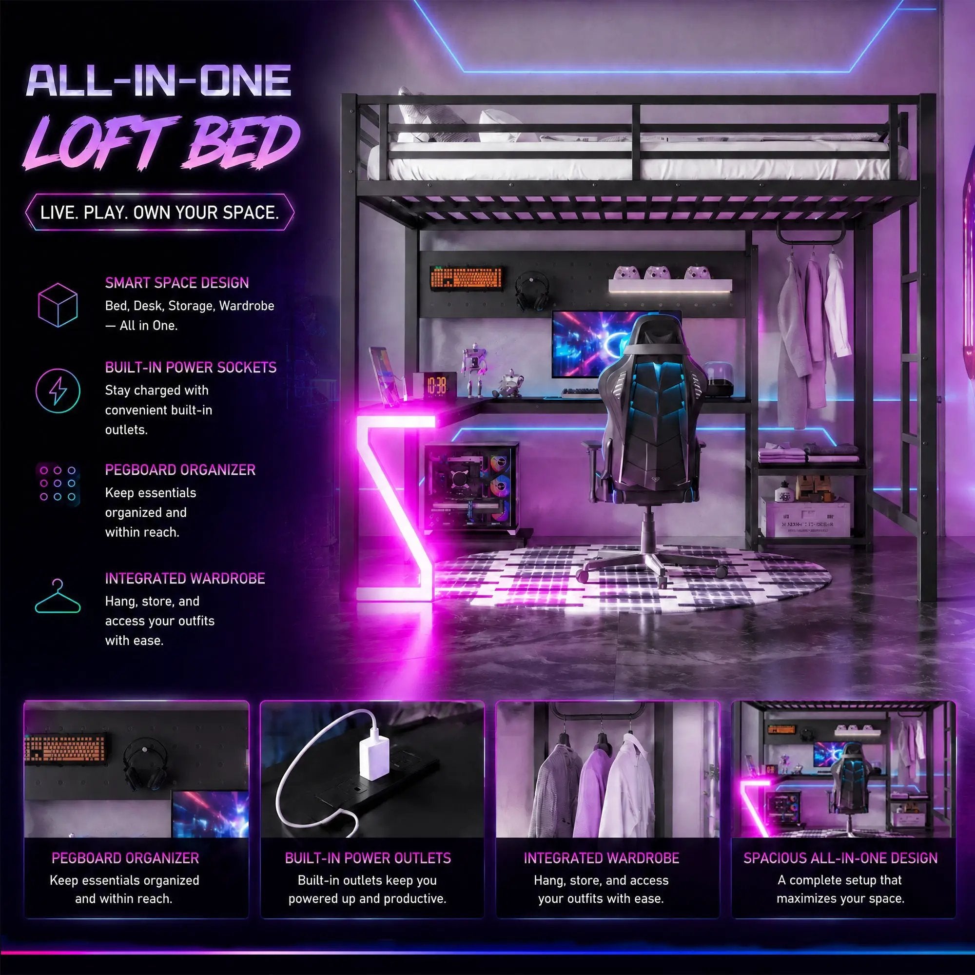 Queen Loft Bed with L-shaped Desk and USB Ports by HouseOfZazla