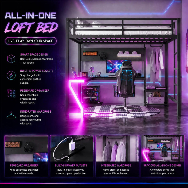 Queen Loft Bed with L-shaped Desk and USB Ports by HouseOfZazla
