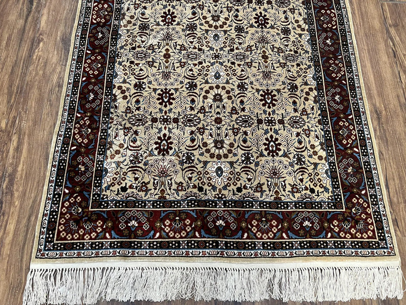 Fine Sino-Persian Silk Rug 3x5, High Quality Silk Carpet, Handmade Small Silk Rug, Allover Repeated Motif, Tan Maroon Blue Vintage Silk Rug by Jewel Rugs