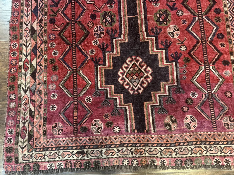 Persian Tribal Shiraz Rug 5x8, Geometric, Raspberry Red and Charcoal, Antique Persian Carpet by Jewel Rugs