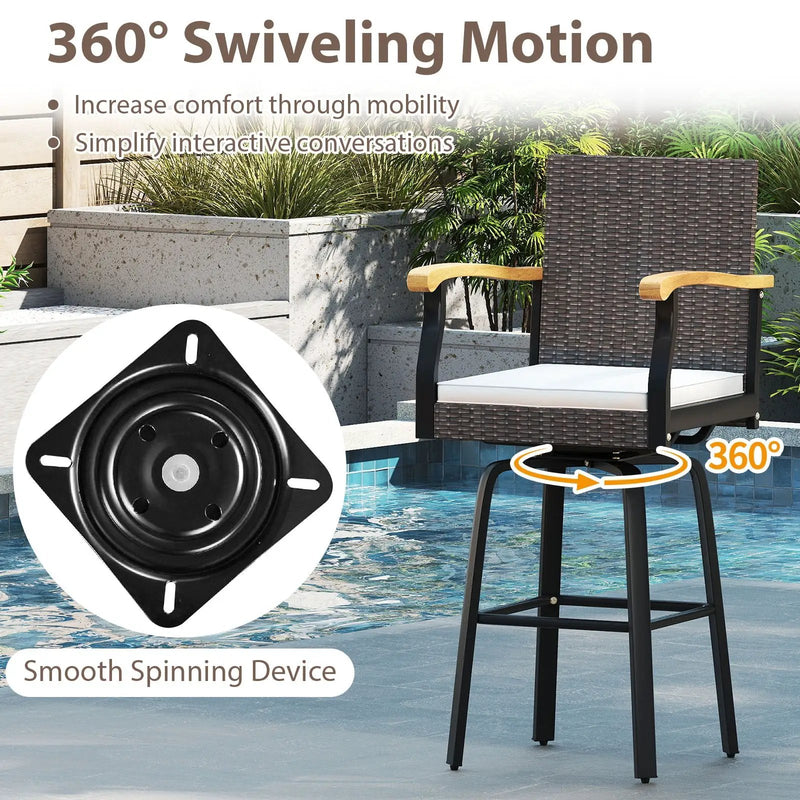 Set of 2 Outdoor 360¬∞ Swivel Bar Stool with Cushion and Acacia Wood Armrests by DirectDeals