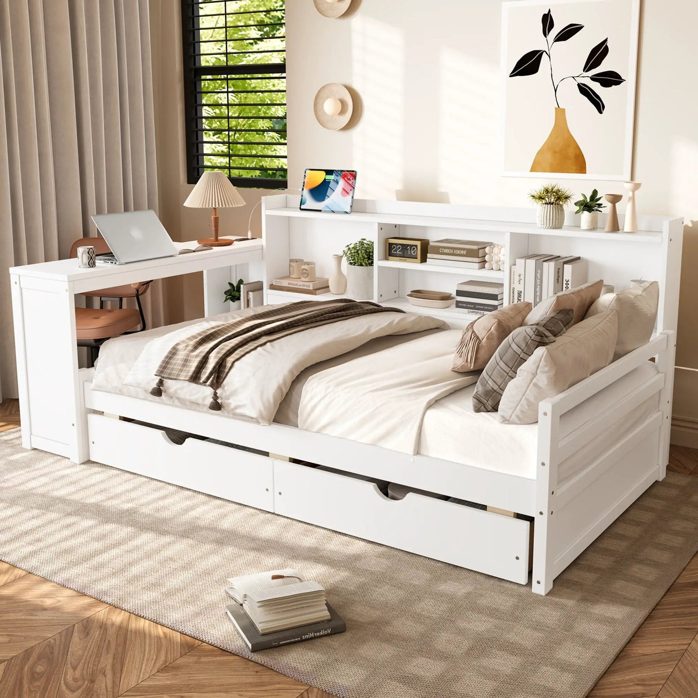 Corner Daybed With Storage Drawers, Desk, Charging Port & Bookcase by HouseOfZazla