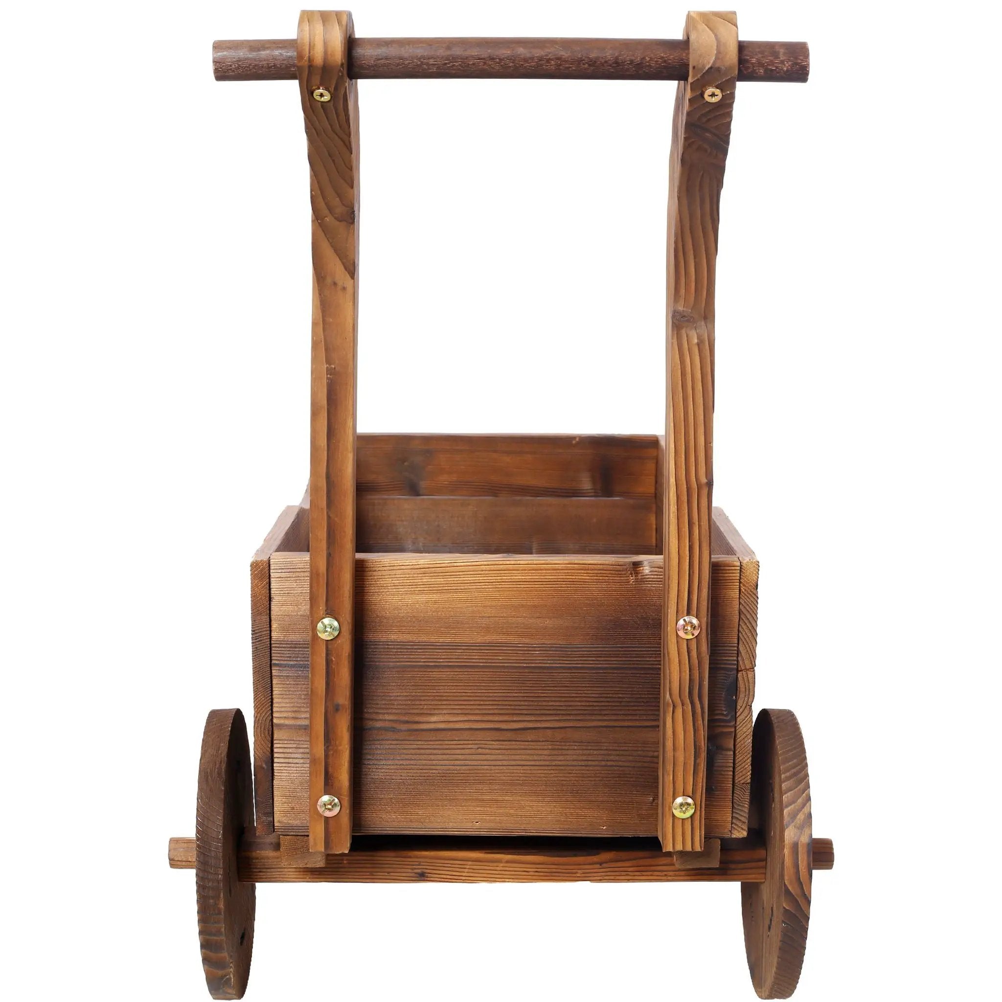 Wooden Wagon Planter Box Mobile Garden Planter With Wheels Handle Drain Hole Wood - Brown by HouseOfZazla
