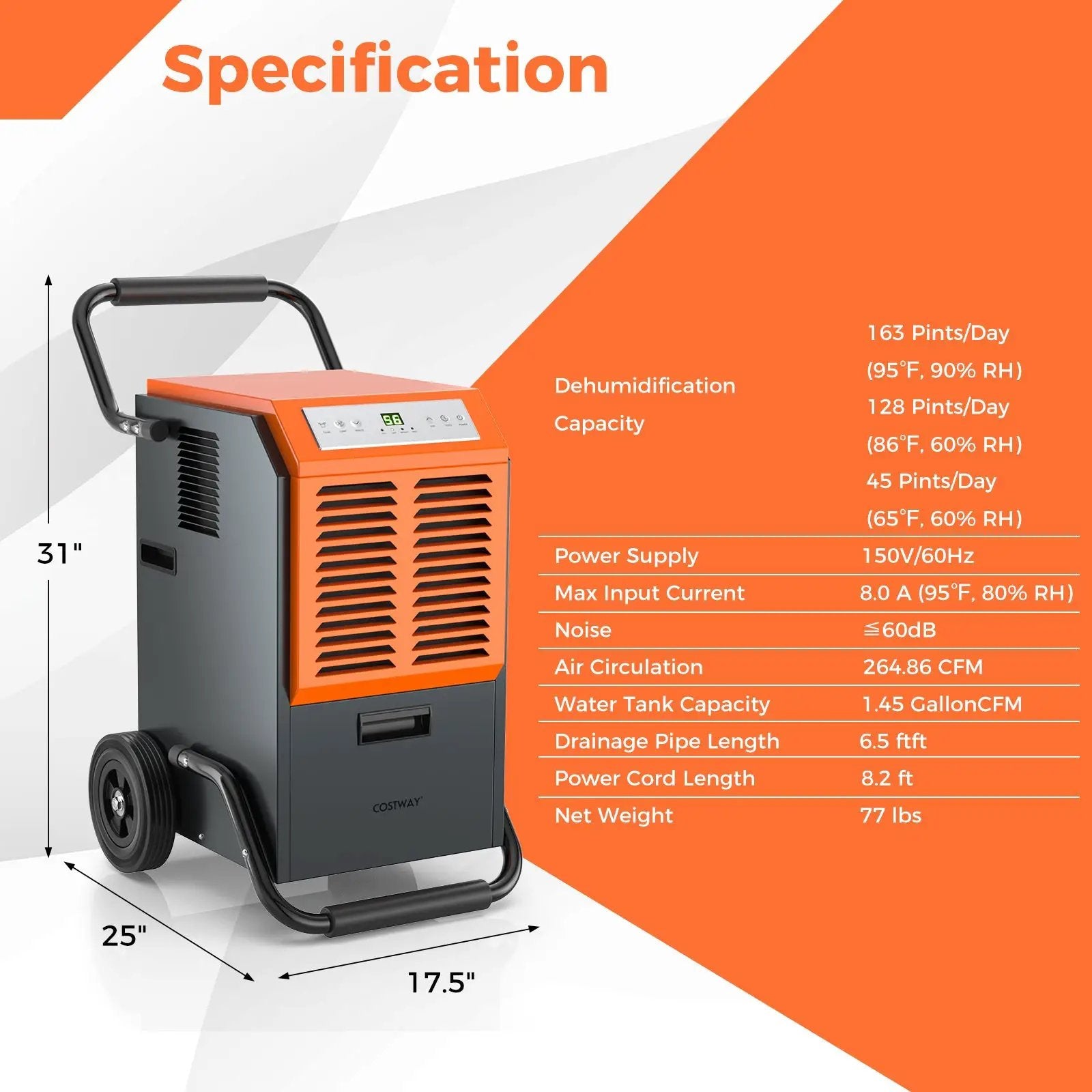163 Pints Commercial Dehumidifier with Drain Hose and 24H Timer-Gray by DirectDeals