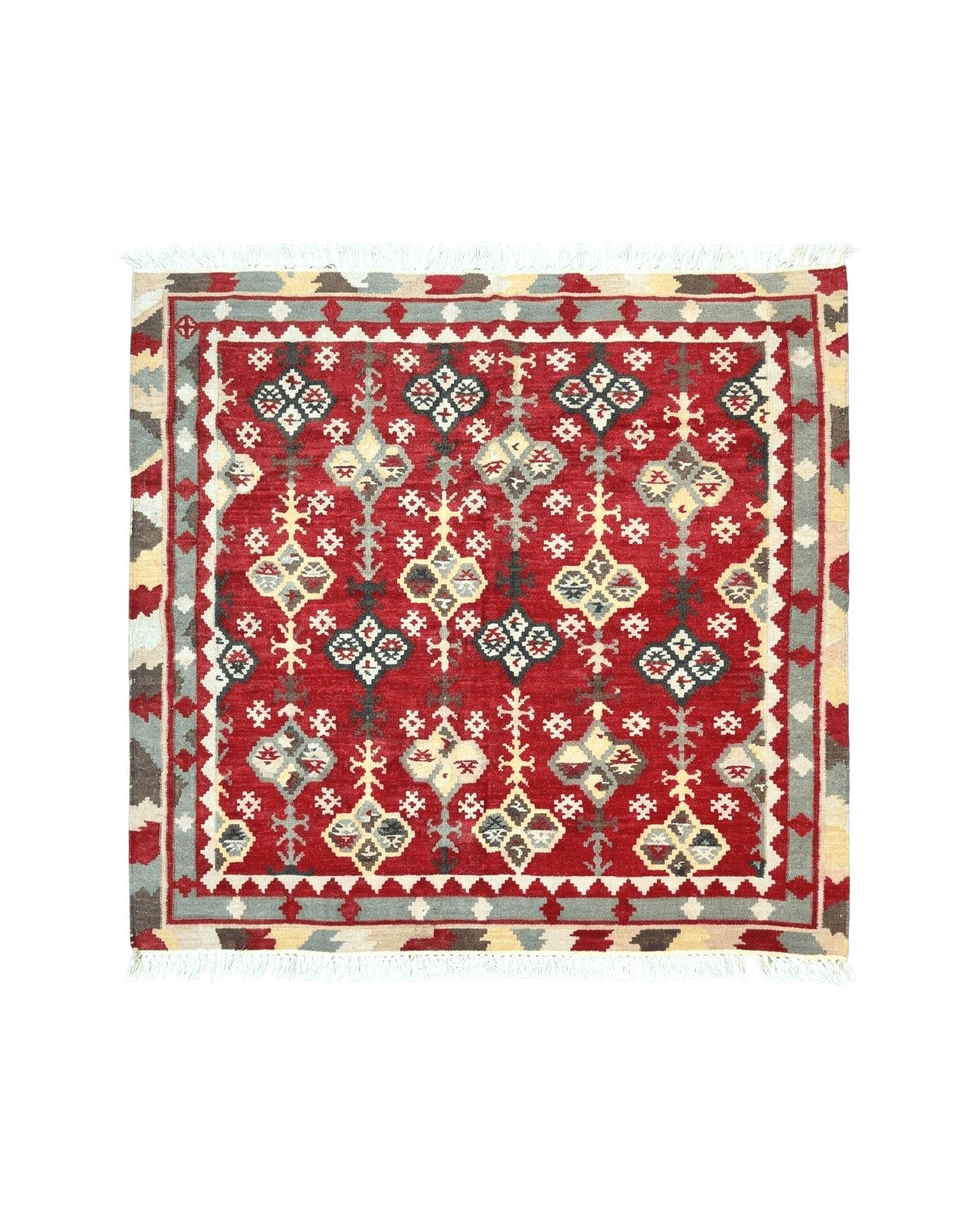 Indian Kilim Rug 6x6, Square Kilim Flatweave Carpet, Vintage Handmade Wool Rug, Red by Jewel Rugs