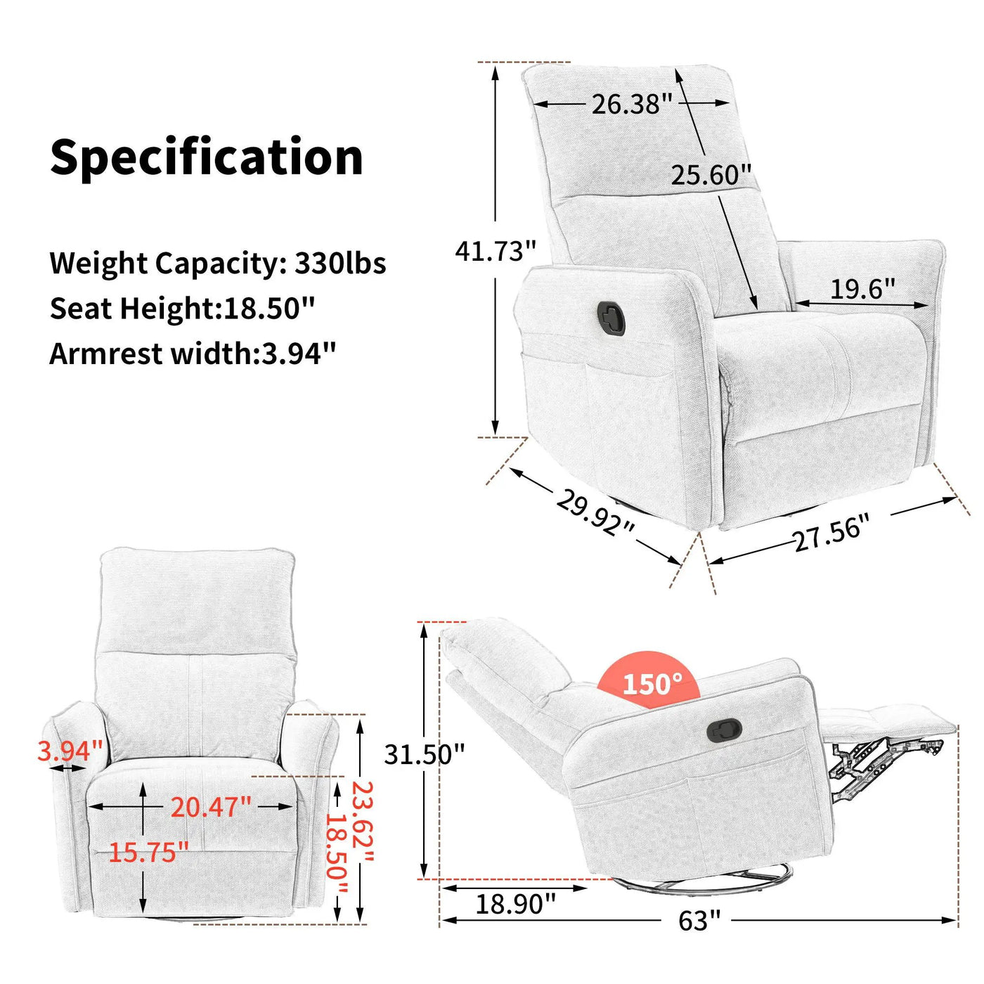 360° Modern Small Rocking Swivel Recliner Chair With Side Pocket by HouseOfZazla