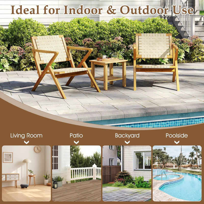 Outdoor and Indoor Teak Wood Patio Chair wuth Webbing Seat and Backrest-Natural by DirectDeals