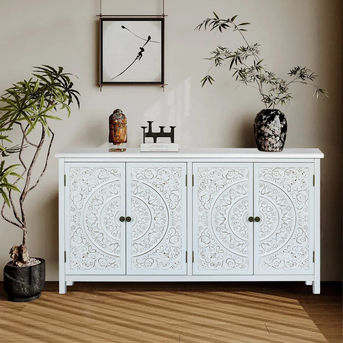 60" White Accent Cabinet with 4 Doors - Rustic Wood Sideboard for Home Organization