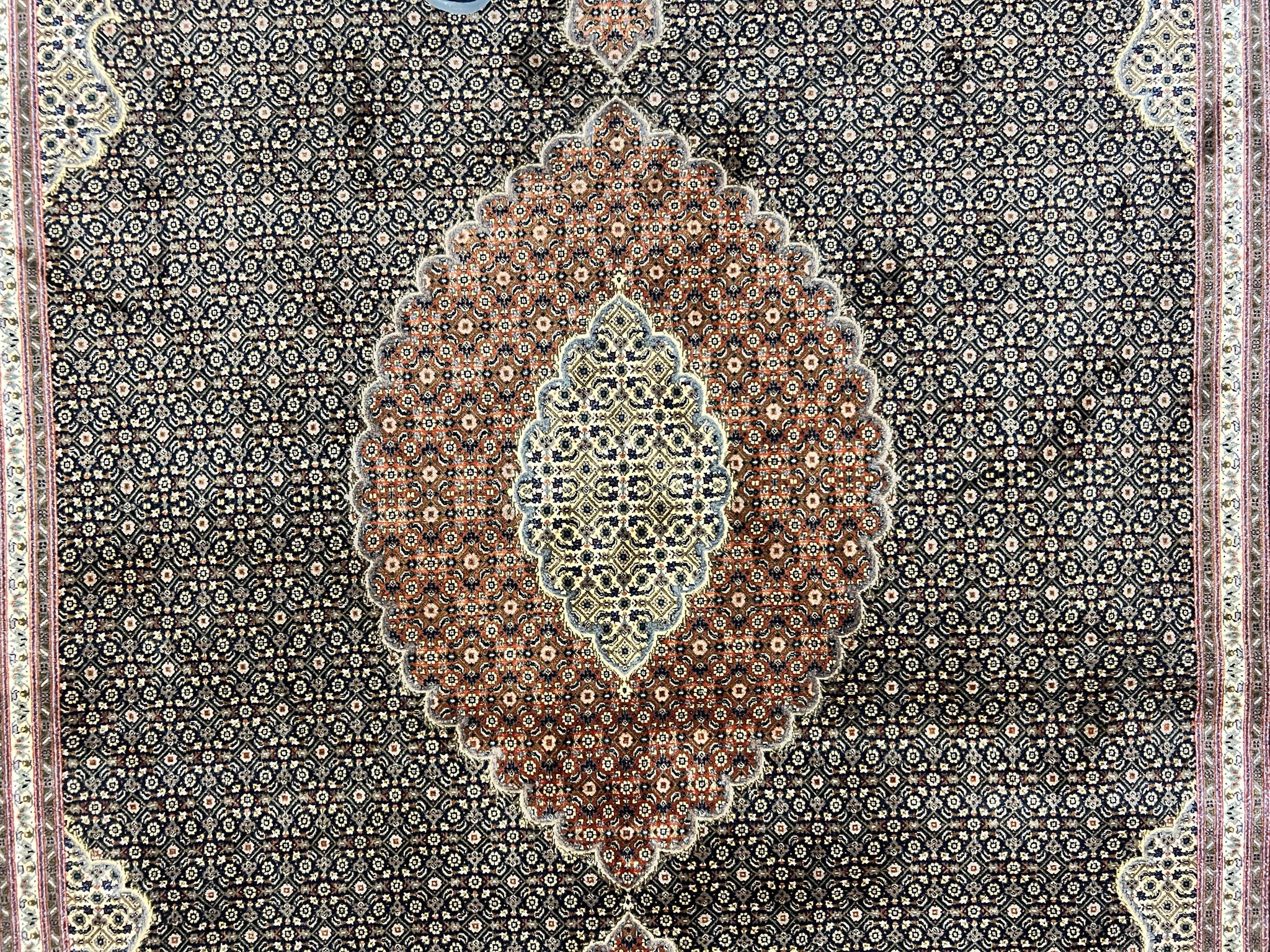Persian Tabriz Rug 7x10, Very Fine 330 KPSI 50 Raj, Black and Beige, Handmade Wool Vintage Persian Carpet by Jewel Rugs