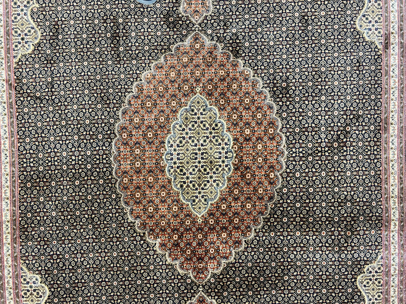 Persian Tabriz Rug 7x10, Very Fine 330 KPSI 50 Raj, Black and Beige, Handmade Wool Vintage Persian Carpet by Jewel Rugs