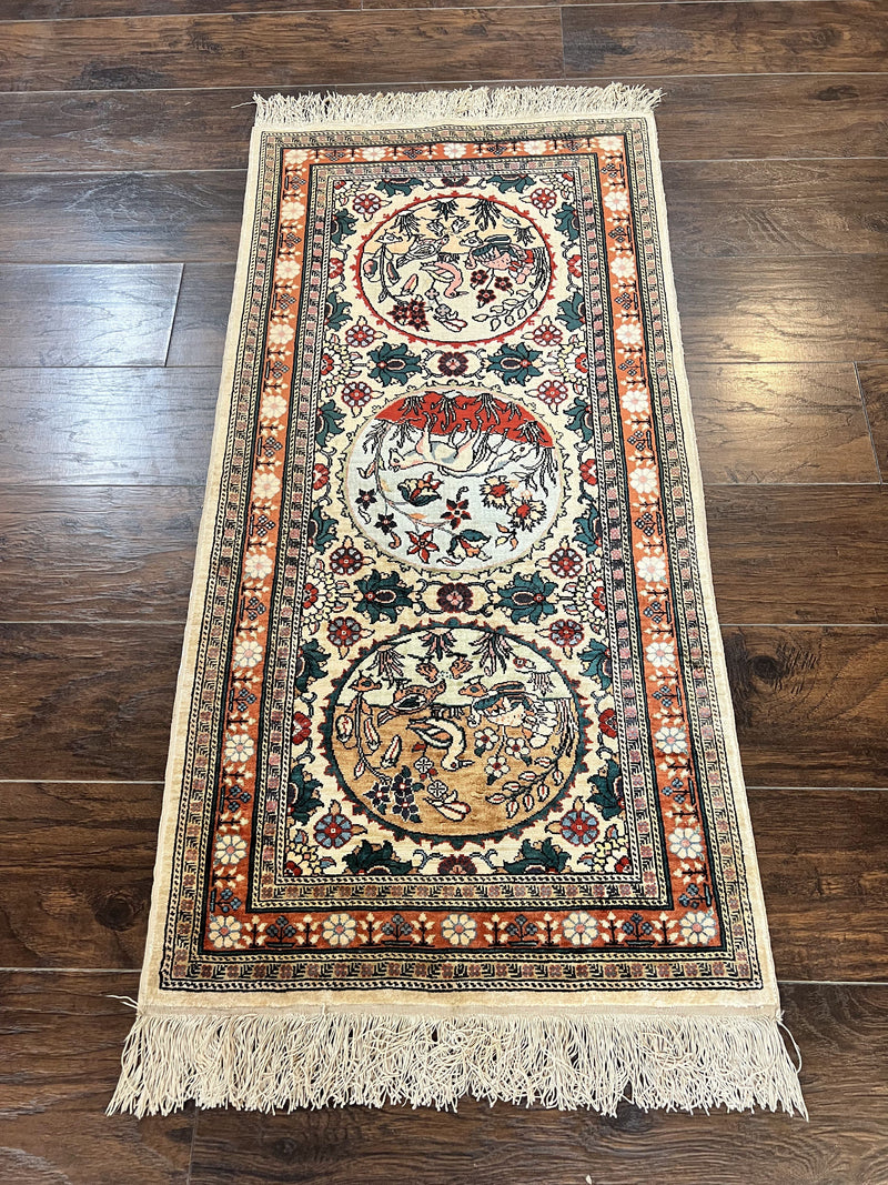 Silk Turkish Rug 2x4, Fine Handmade Oriental Rug, Animal Pictorial Birds Silk Pile on Silk Foundation Vintage Hand Knotted Hereke Carpet by Jewel Rugs