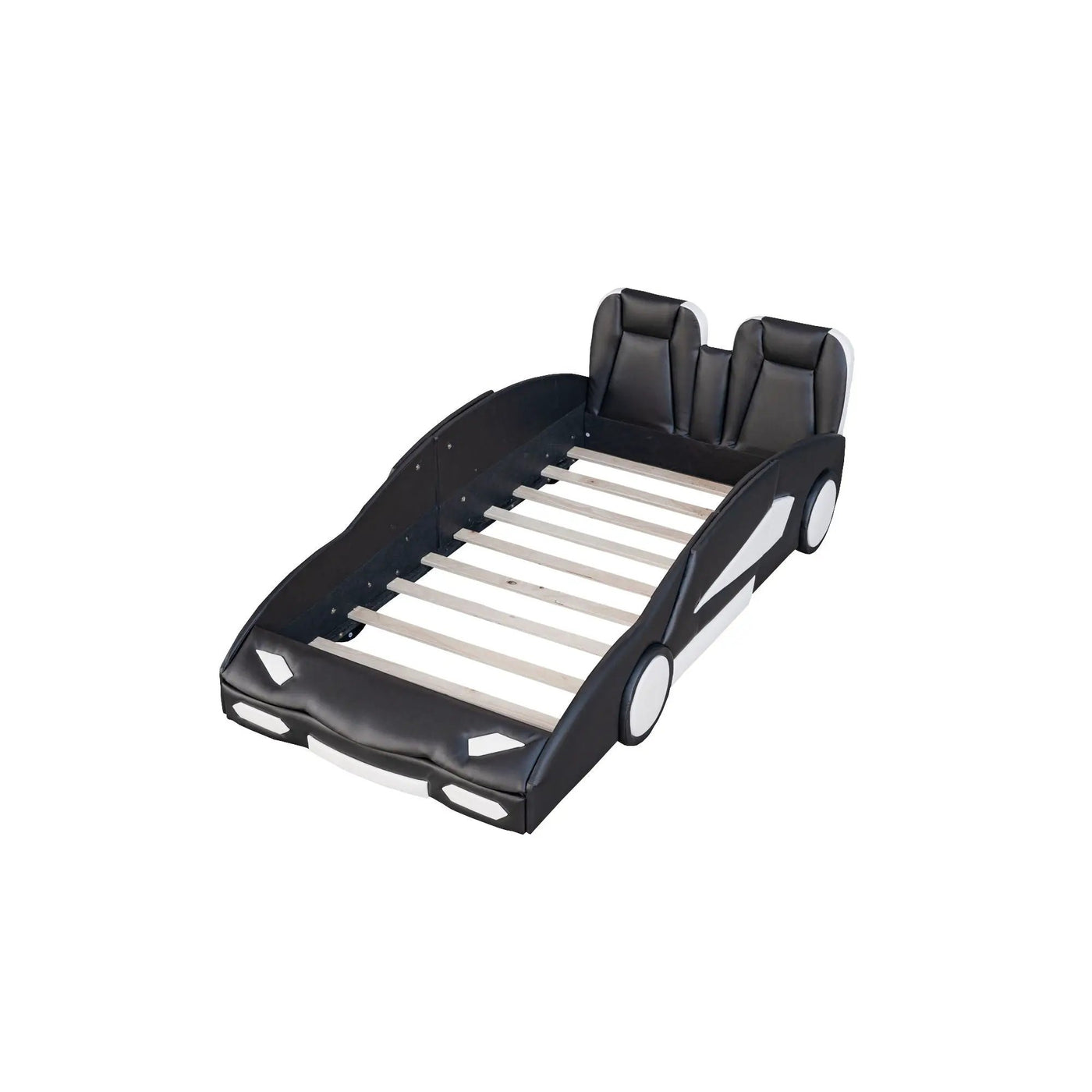 Race Car Shaped Twin Platform Bed With Wheels, Pine Wood Construction by Unique Piece Furniture