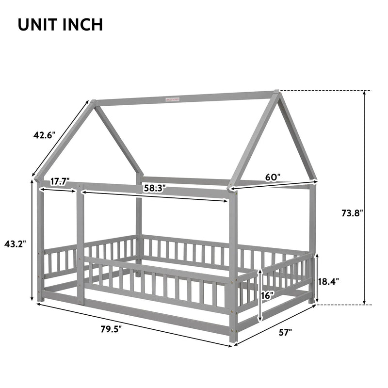 Floor Wooden Bed With House Roof Frame, Fence Guardrails by Unique Piece Furniture