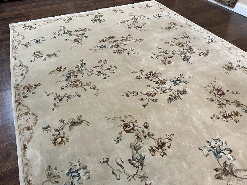 Chinese 120 Line Rug 8x10, Chinese Aubusson Wool & Silk Highlights Handmade Vintage Carpet, Beige Fine Weave Rug, Floral European Design by Jewel Rugs