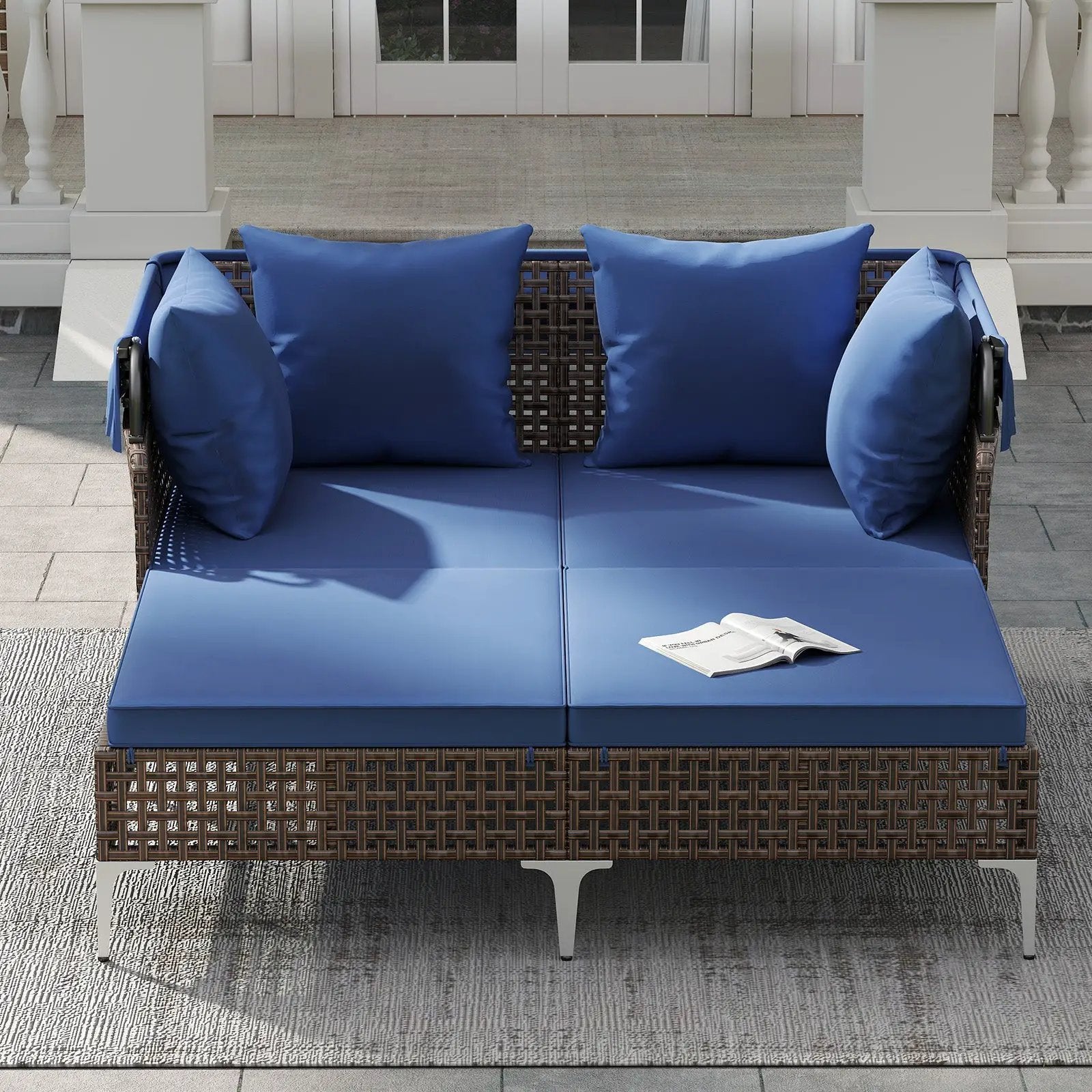 Outdoor Daybed with Retractable Canopy PE Wicker Rattan Patio Lounger by DirectDeals