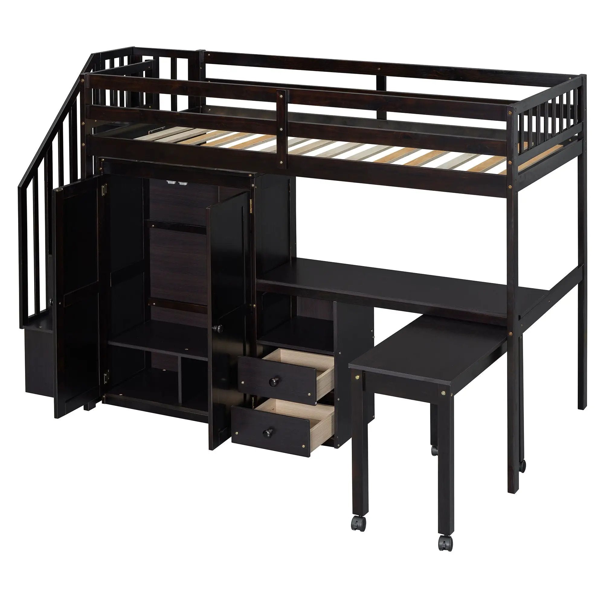 Loft Bed With Stairs, Bookshelf, Drawers, Desk & Wardrobe, Space Saving Multifunctional Furniture by HouseOfZazla