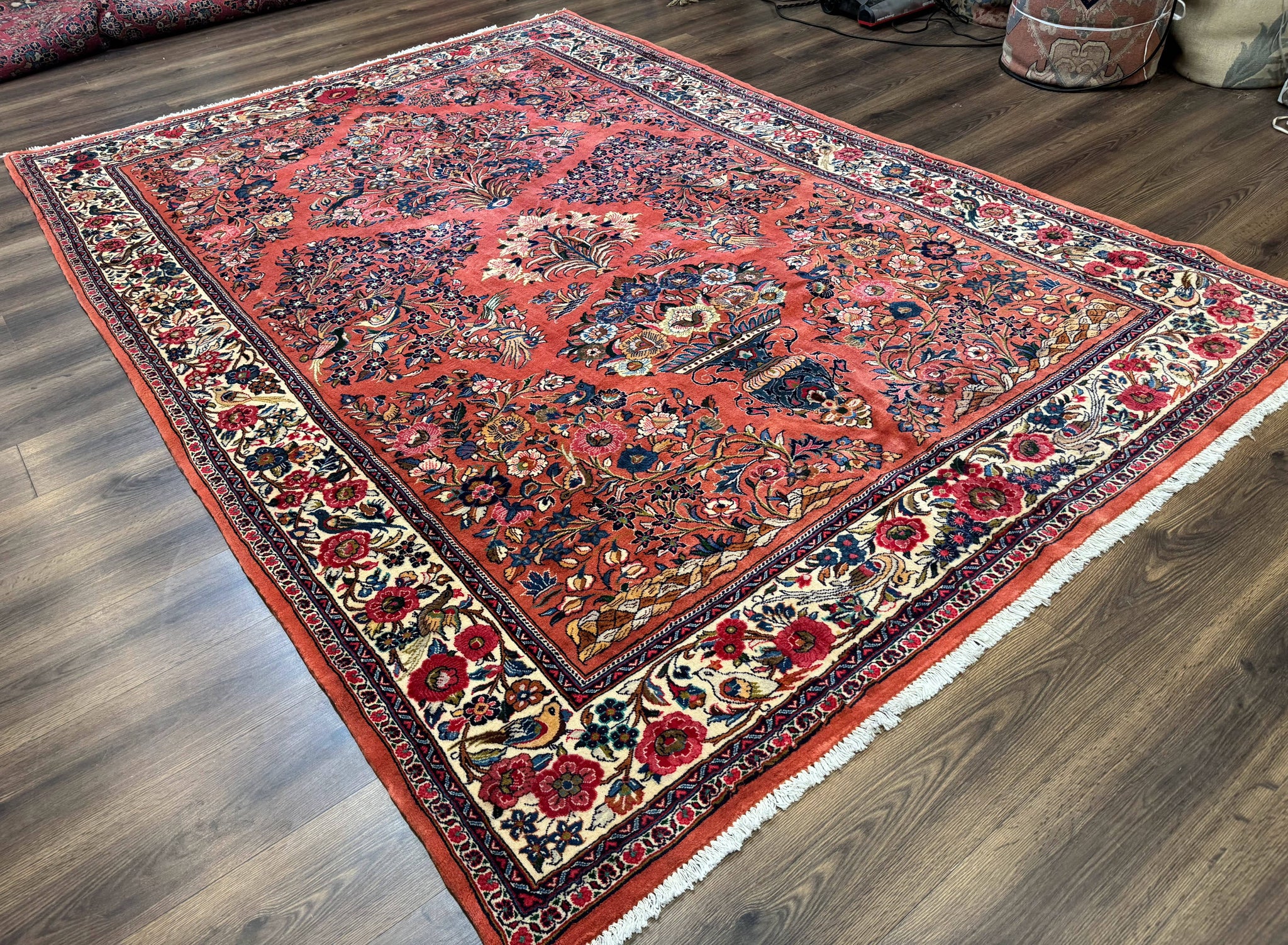 Persian Sarouk Rug 7x10, Red and Ivory, Floral Bouquets, Birds by Jewel Rugs